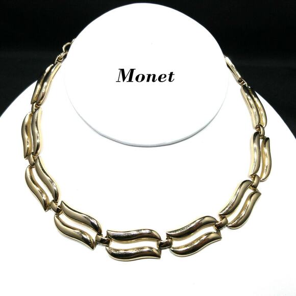 Vintage Monet Medley Necklace Book Piece, Gold Plated Choker 1950s Jewelry 14.5" - Picture 1 of 10